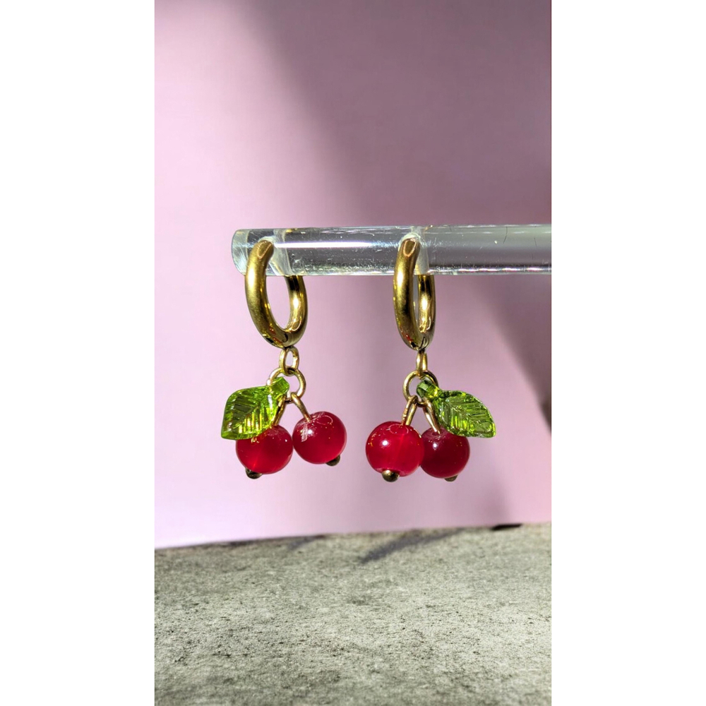 Gold Cherry Huggie Earrings, Gold Ion Plated Stainless Steel Hoops, Glass Beads